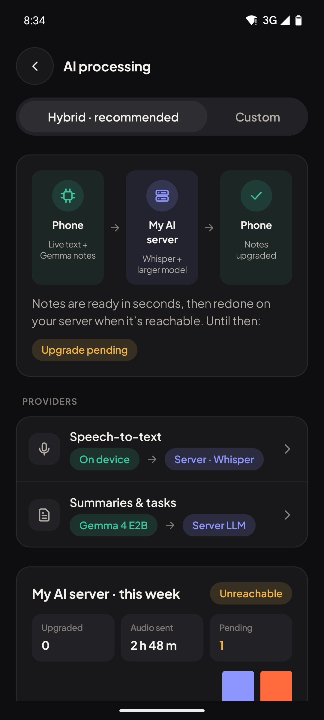 AI processing settings: hybrid mode, phone first, then your AI server, then the phone again with upgraded notes.