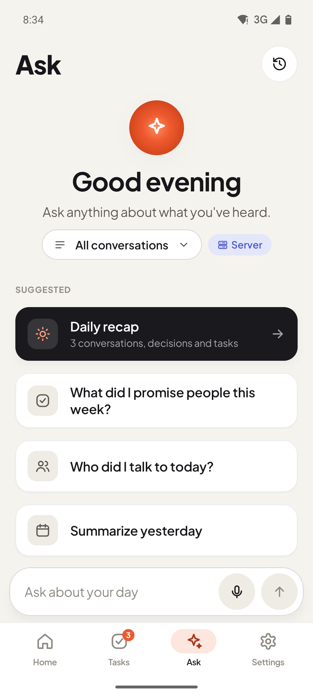 Ask about your day: screenshot of the app.