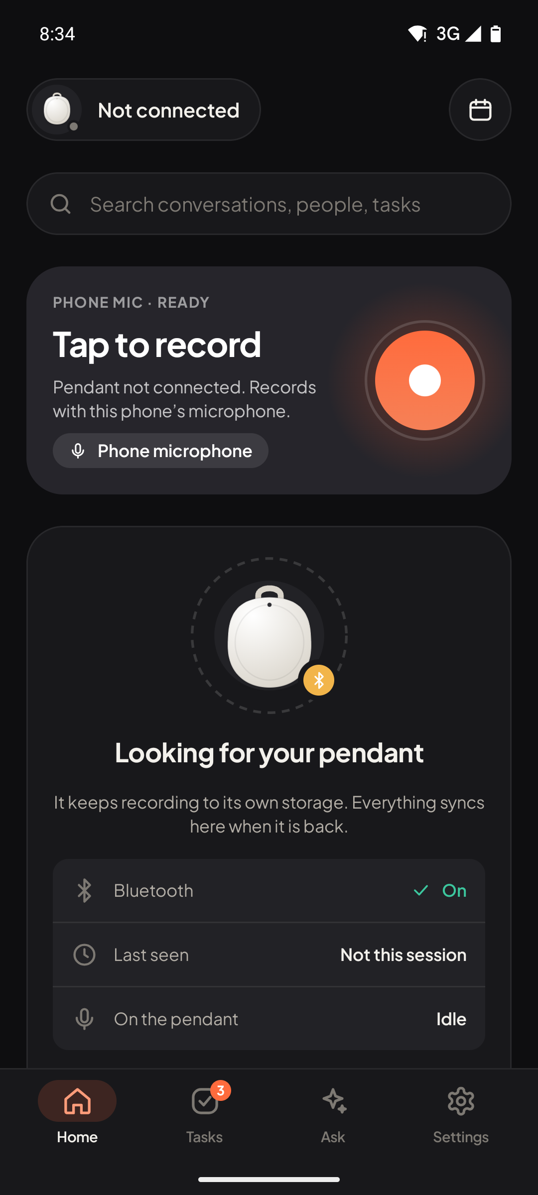 Home screen: tap to record, pendant status and Bluetooth state.