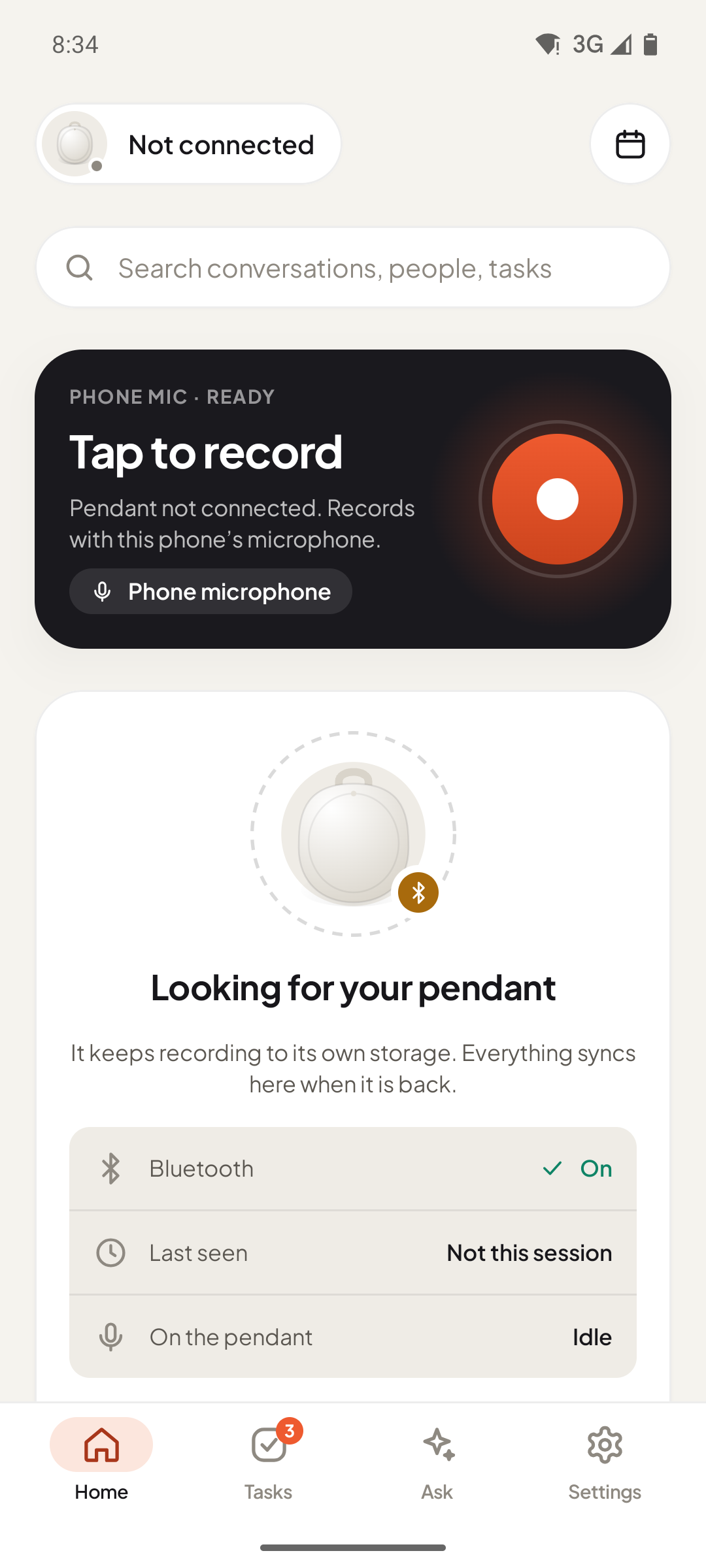Home screen: tap to record, pendant status and Bluetooth state.