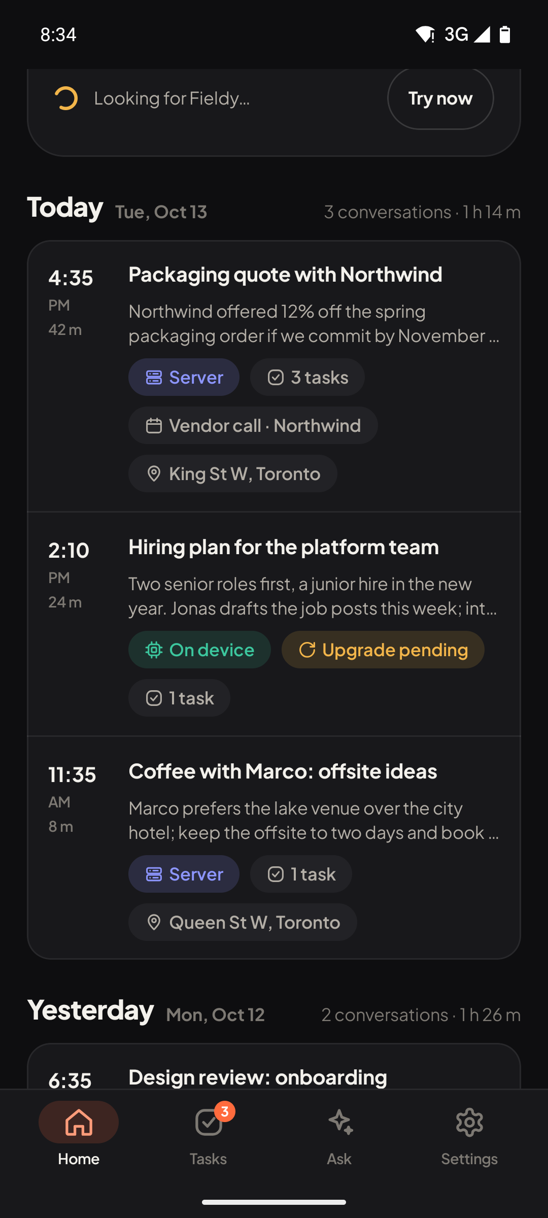 The app's home screen: today's conversations with summaries, tasks and provenance badges.
