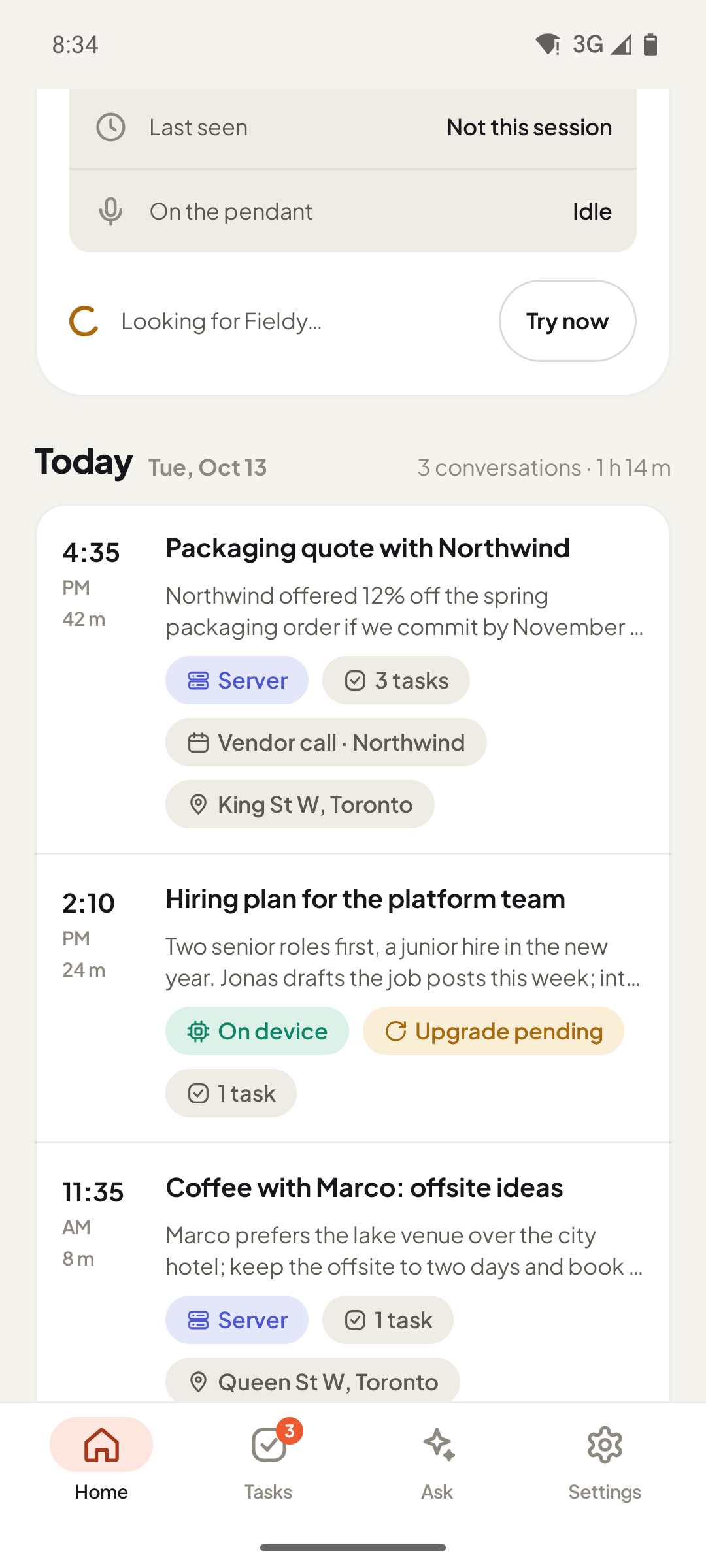 The app's home screen: today's conversations with summaries, tasks and provenance badges.