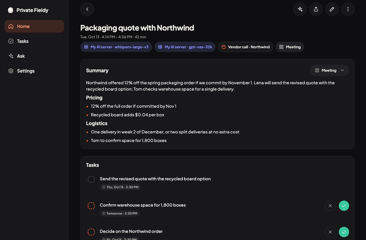 A conversation in the desktop app: summary sections, tasks and where it was processed.