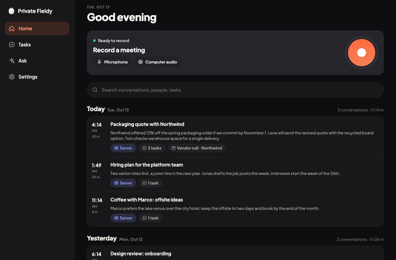 The desktop app: record card with microphone and computer audio, and today's conversations.