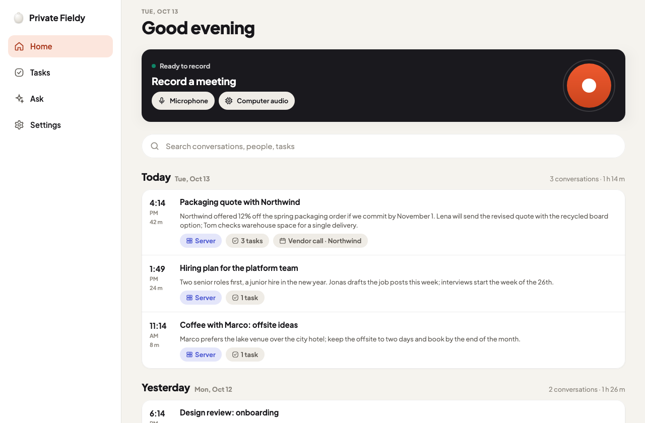 The desktop app: record card with microphone and computer audio, and today's conversations.